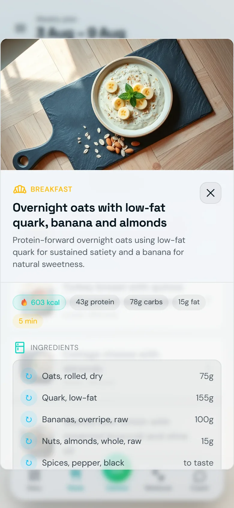 A recipe screen in Famorr: calories, macros and ingredients with exact weights