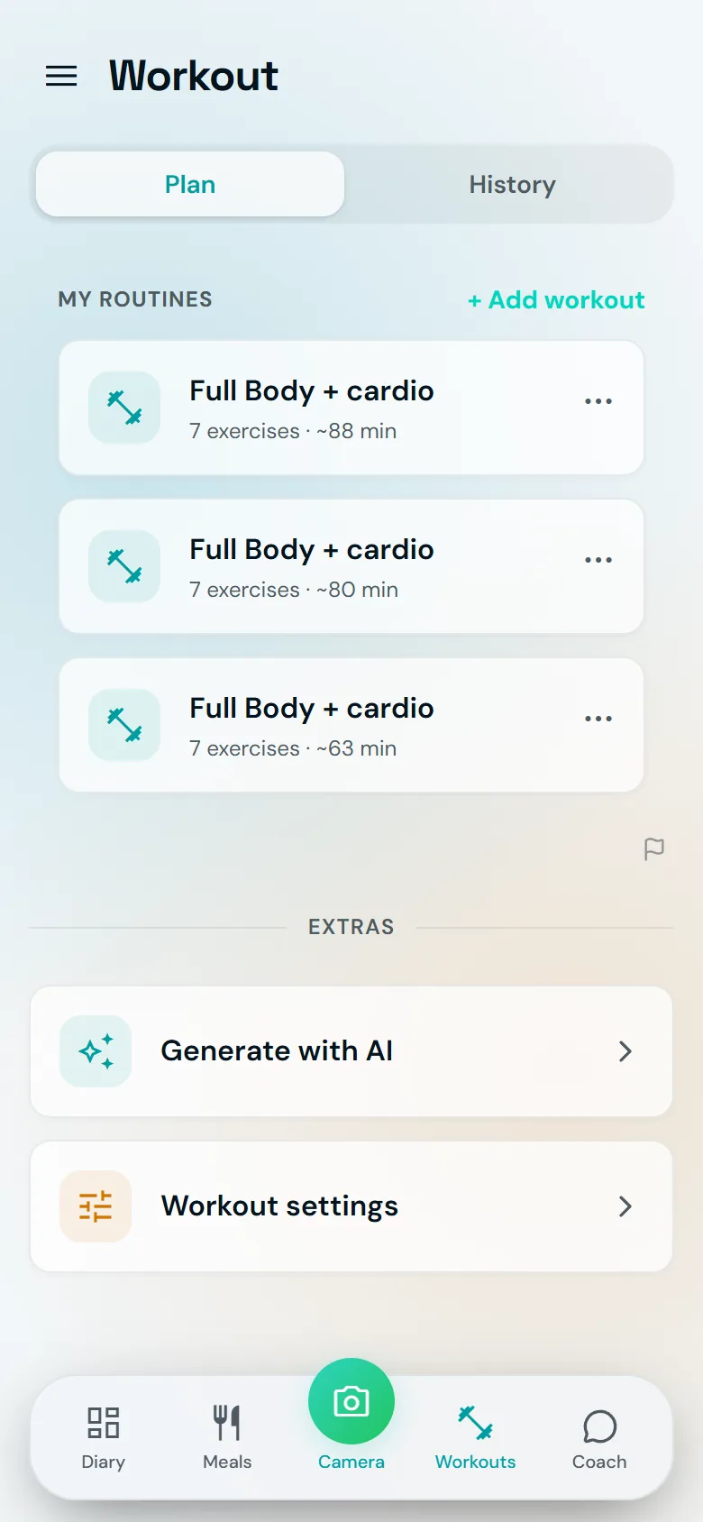 A training screen in Famorr showing weekly routines